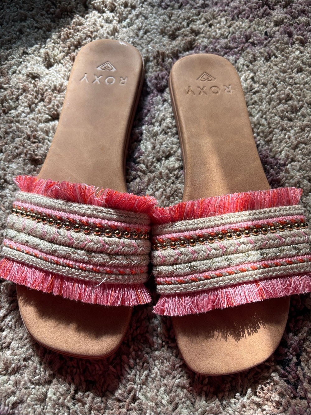 Roxy Women's Coral Pink Fringe Slide Sandals